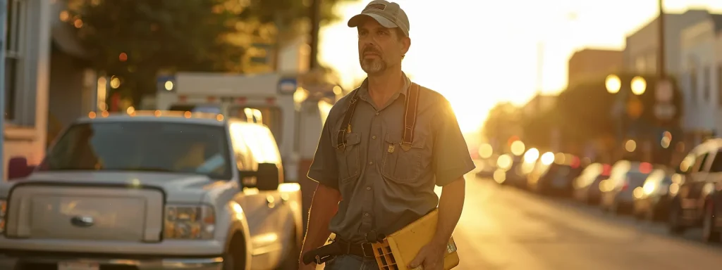 a professional plumber efficiently navigates a bustling urban environment, highlighting the contrast between local economic conditions and the demand for emergency plumbing services, under the warm glow of city lights during twilight.