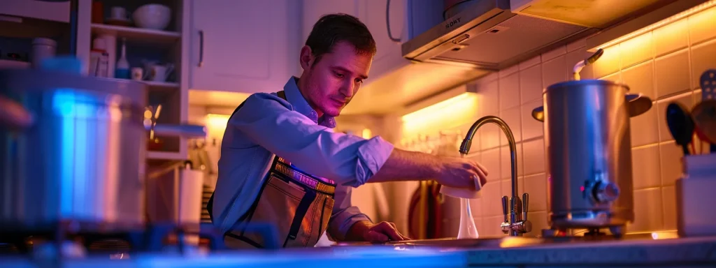 a professional plumber examines a modern kitchen's water heater under warm, ambient lighting, highlighting the cost implications of urgent repairs during peak hours versus off-peak hours, emphasizing the importance of timing in plumbing services.