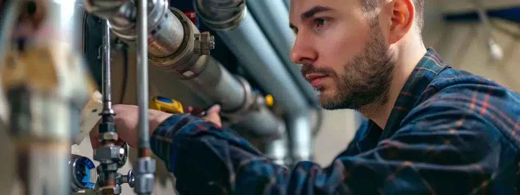 a professional plumber expertly assesses a complex plumbing issue, surrounded by tools and materials, with dramatic lighting highlighting the intricate details of the pipes and fittings in a modern bathroom setting.