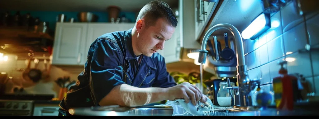 a professional plumber, focused and determined, inspects a flooded kitchen sink with precision, illuminated by bright overhead lights that highlight the urgency and complexity of emergency repair costs.