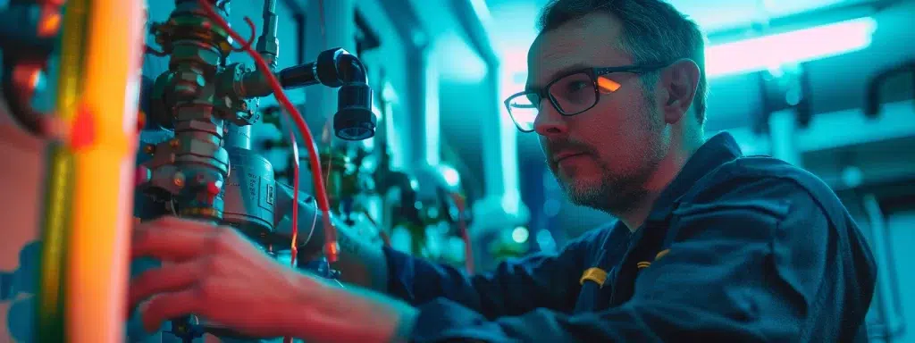 a professional plumber inspects a modern plumbing system, surrounded by tools and equipment, under bright fluorescent lighting that highlights the urgency and expertise in maintaining efficient plumbing to prevent costly emergencies.
