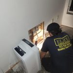 Technician inspecting wall for plumbing leak