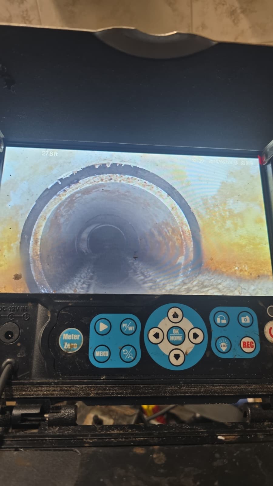 Sewer camera inspection showing commercial drain line condition at Ozona Brewing Company