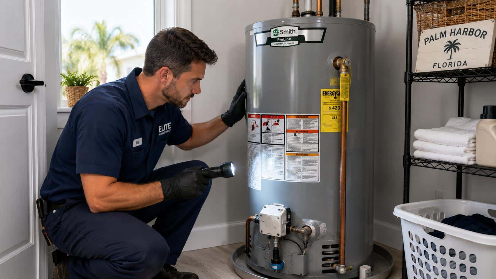 Plumber inspecting a water heater that may need repair in Palm Harbor, Florida