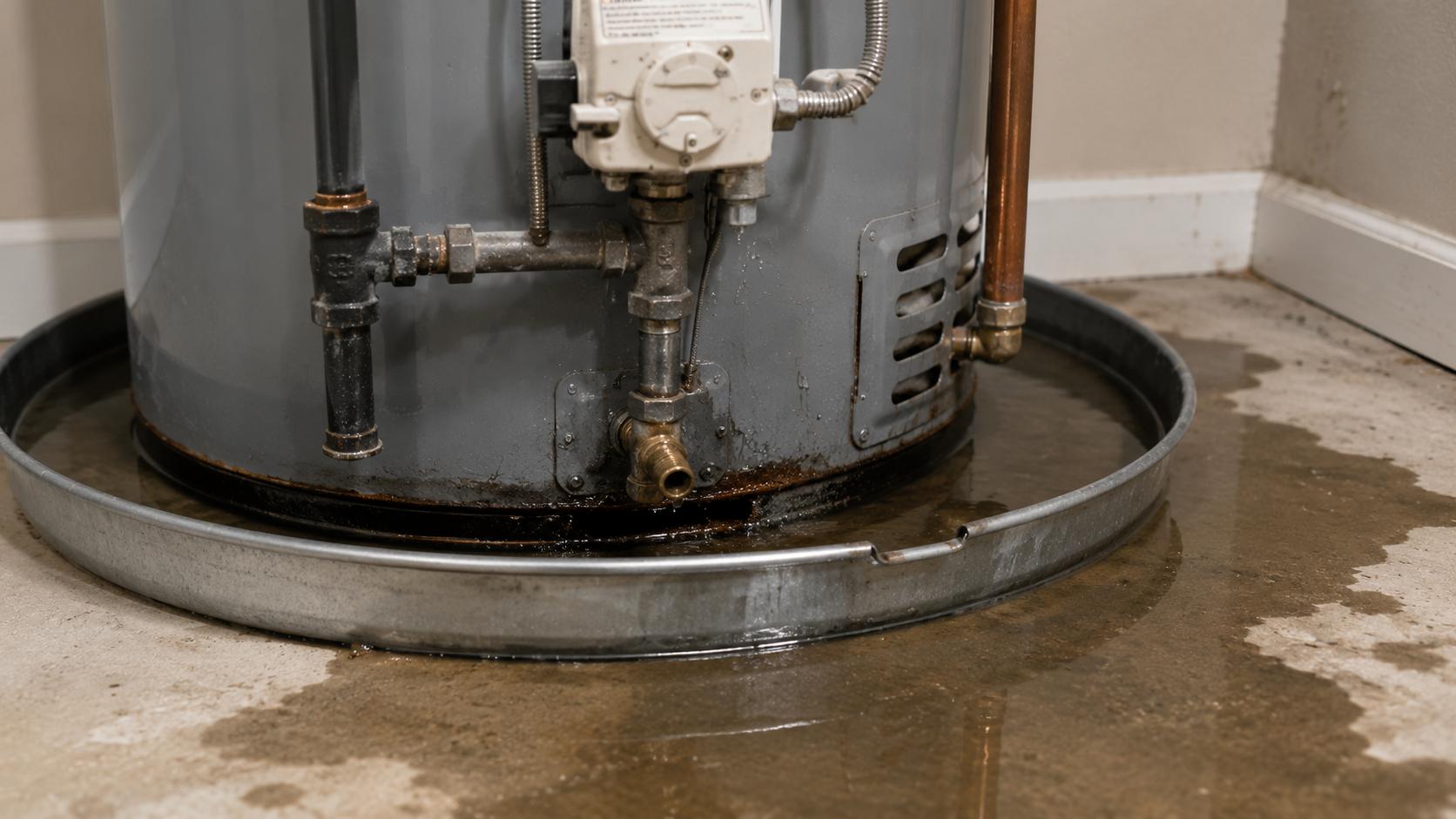 Water leaking around the base of a water heater that needs repair