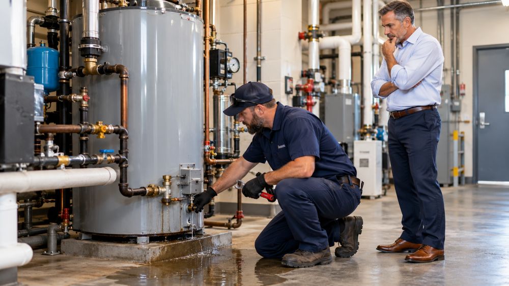 Commercial plumber inspecting a water heater system for a Pinellas County business