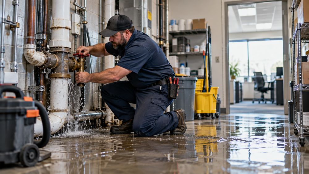 Emergency commercial plumber repairing a leaking pipe inside a Pinellas County property