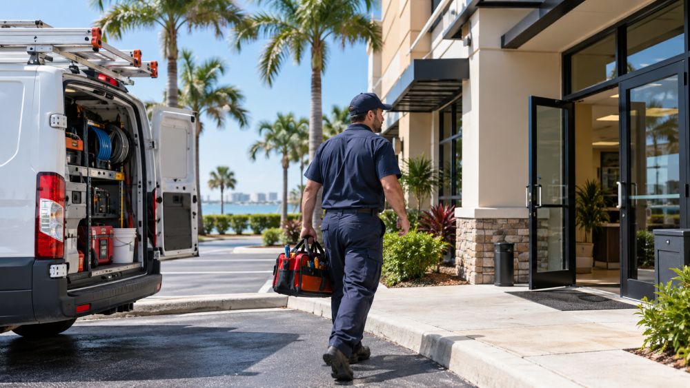 Elite Plumbing technician arriving at a commercial property in Pinellas County Florida