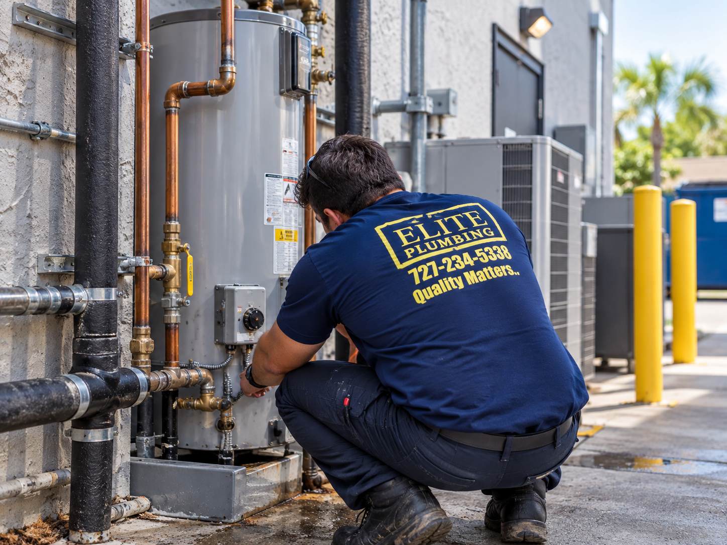 Elite Plumbing technician servicing an exterior commercial water heater and copper plumbing lines